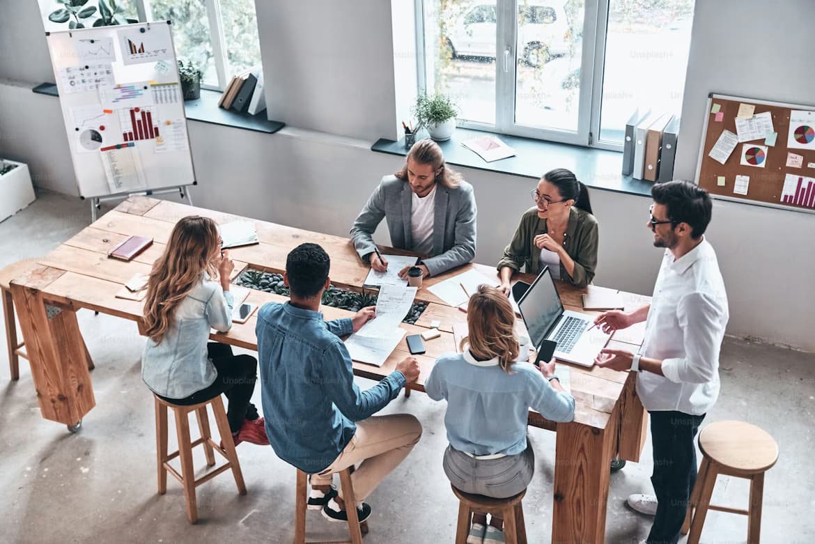 A professional team working on AI integration solutions in a modern office environment